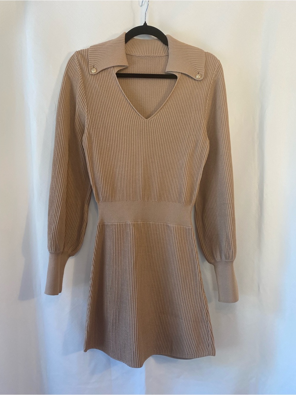 Minimalist Ribbed Polo Collared V-Neck Beige Tan Textured Knit Dress S/M Mod